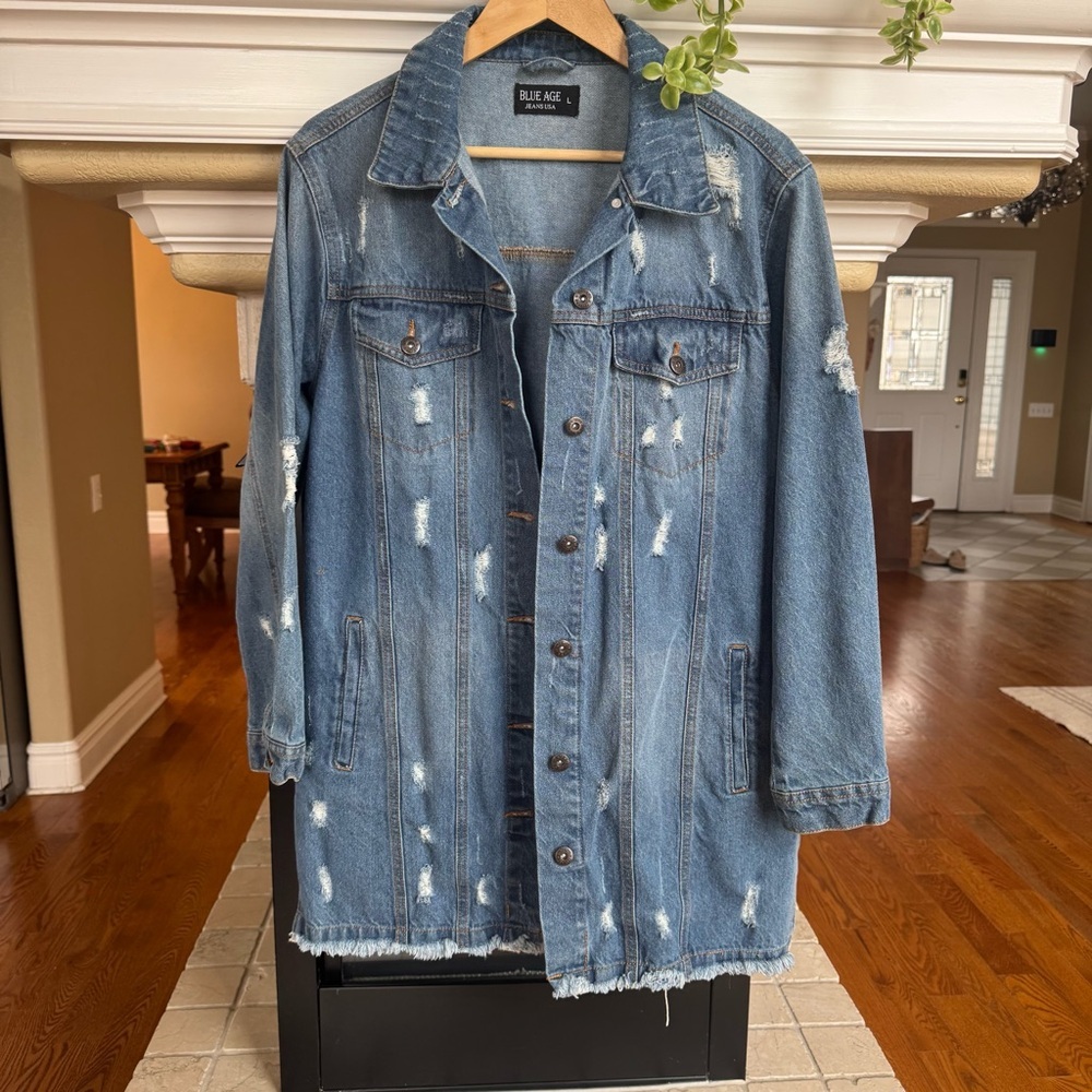 Blue Age Denim Distressed Oversized Button Front Jacket Size Large